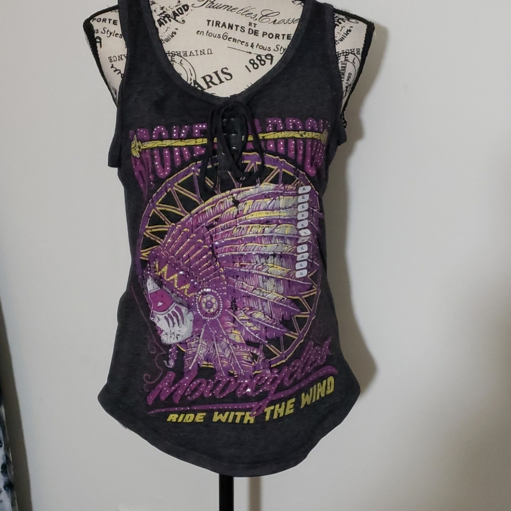 Lethal Angel Dark Gray, Purple and Yellow Lace-up Sleeveless Tank Tee